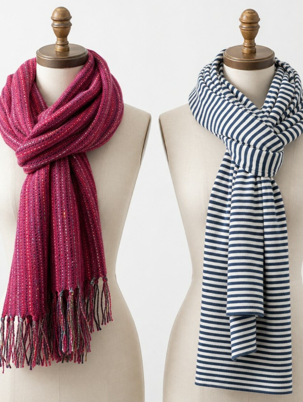 Striped Scarf Bundle Metallic Pink Woven Classic Blue White Cotton • Lot of Two